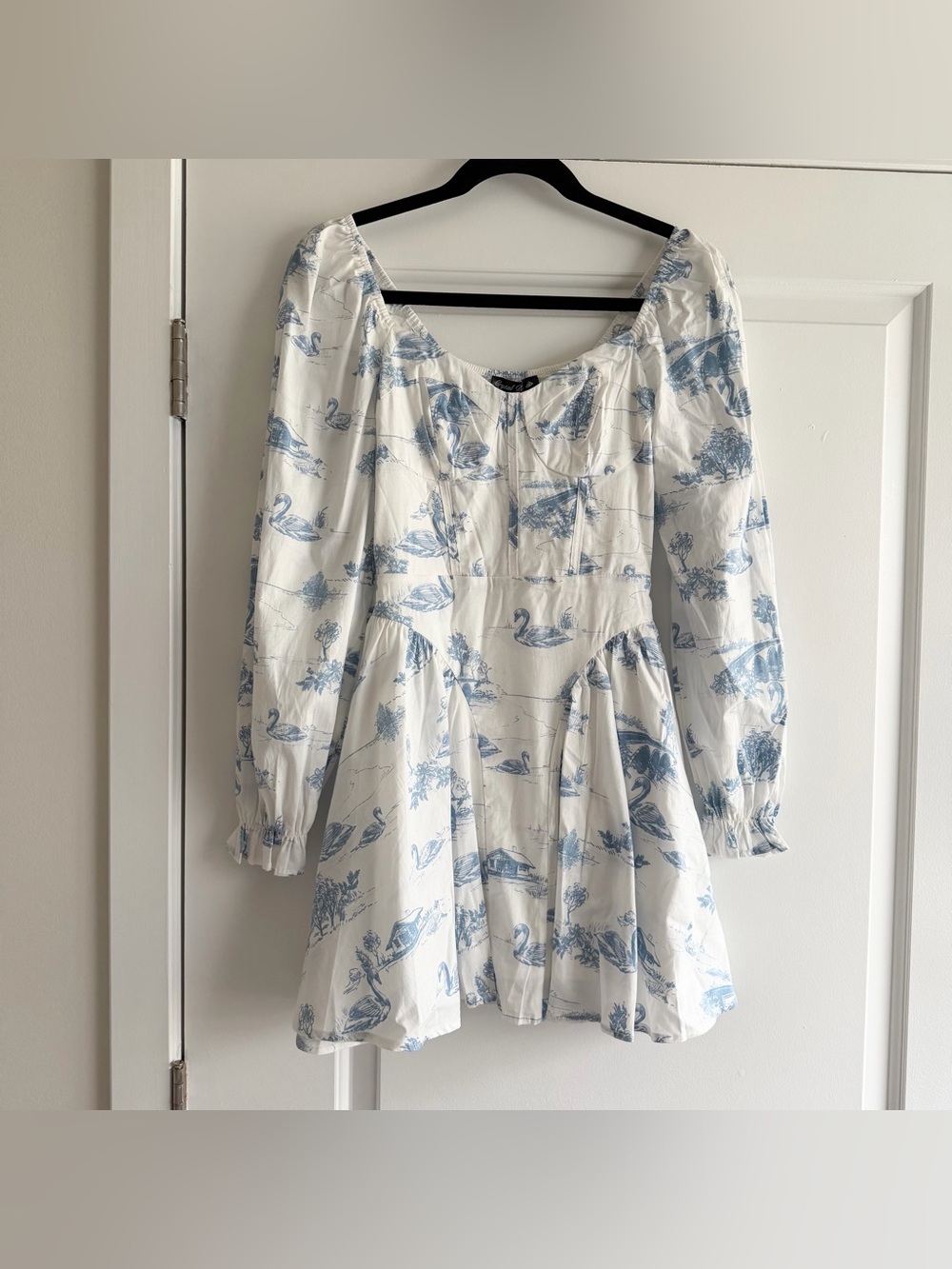 Francesca's Collections White Mini Dress with Blue Swan Print